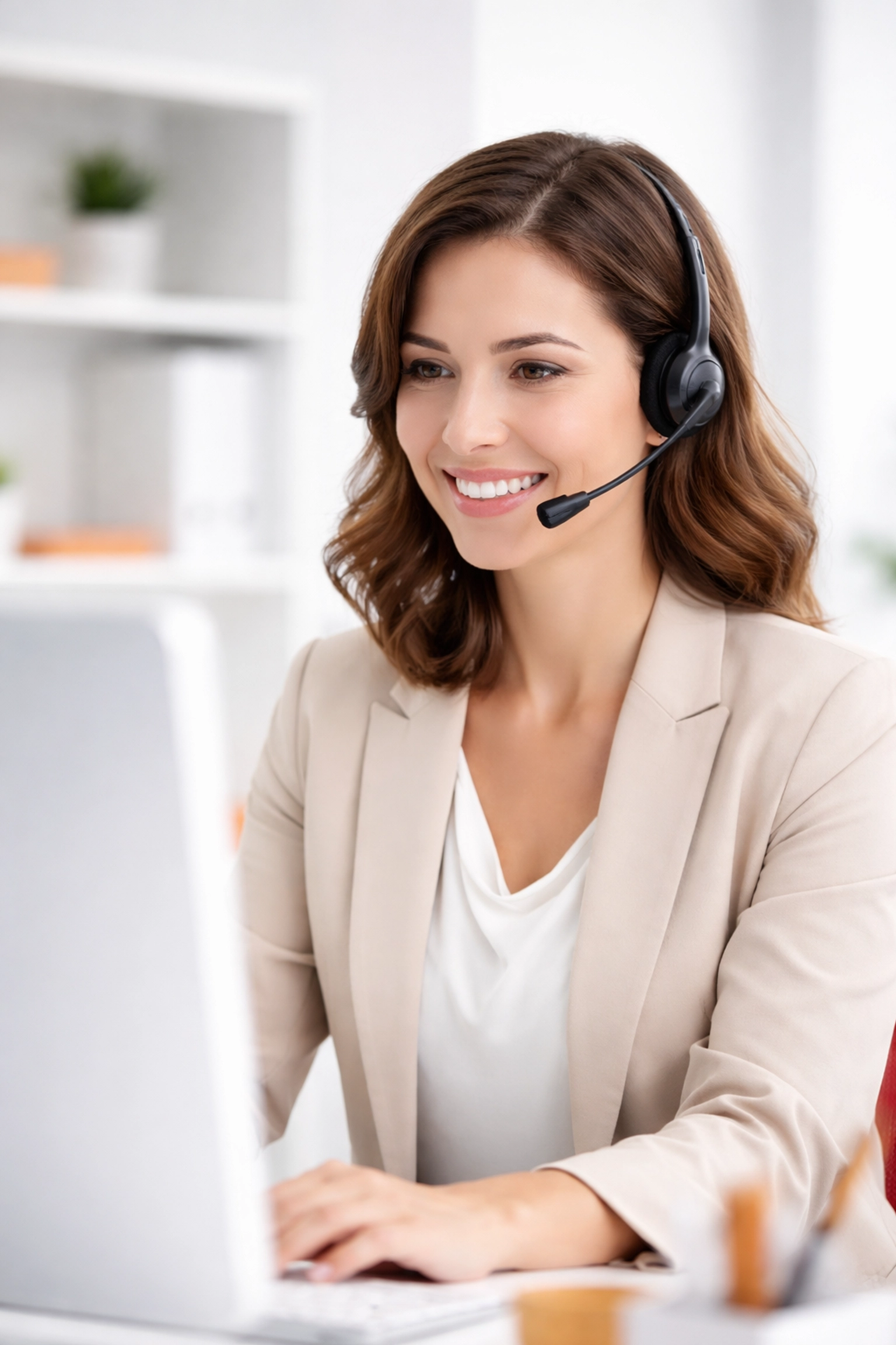 Friendly medical supply customer service representative offering support to online buyers in a bright office setting