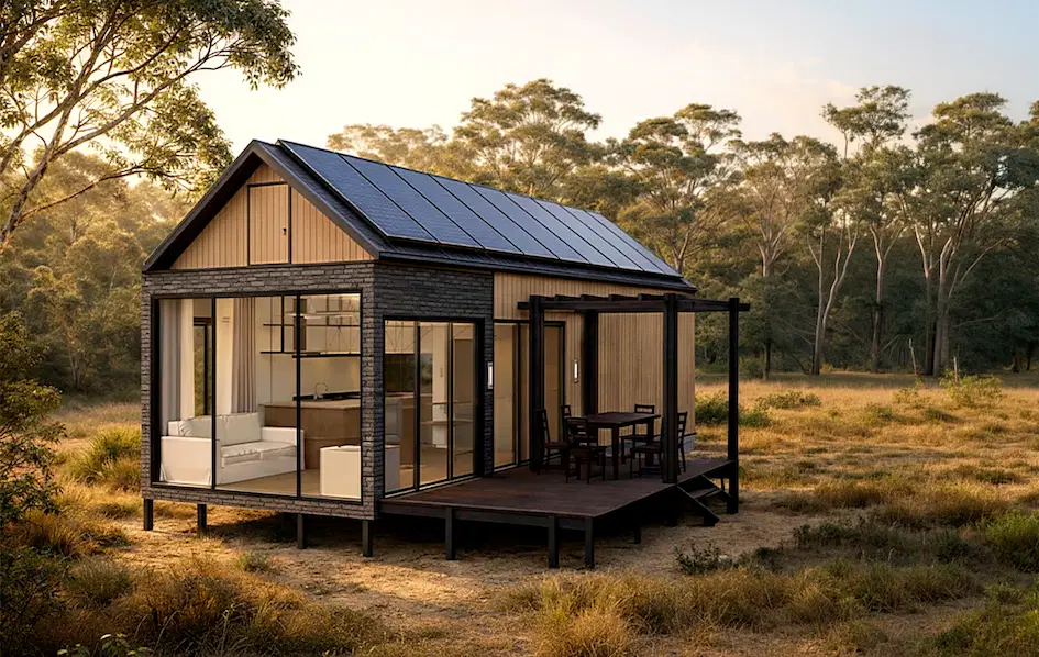 One-bedroom modular home with premium finishes and high raked ceilings