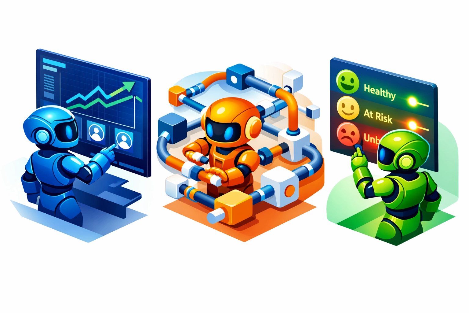 Three AI agents handling revenue, operations, and customer workflows for SaaS companies