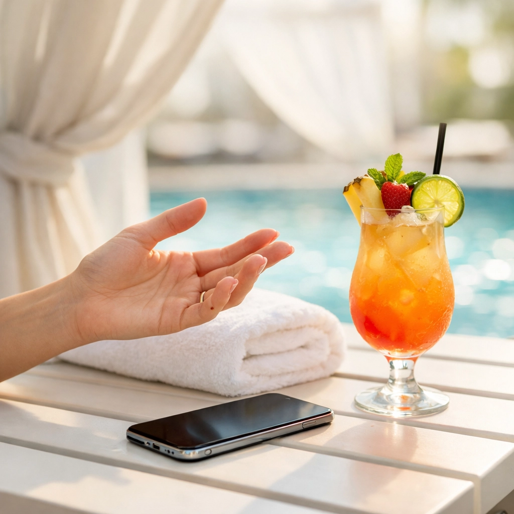 Voice AI poolside ordering with guest using smartphone at hotel cabana