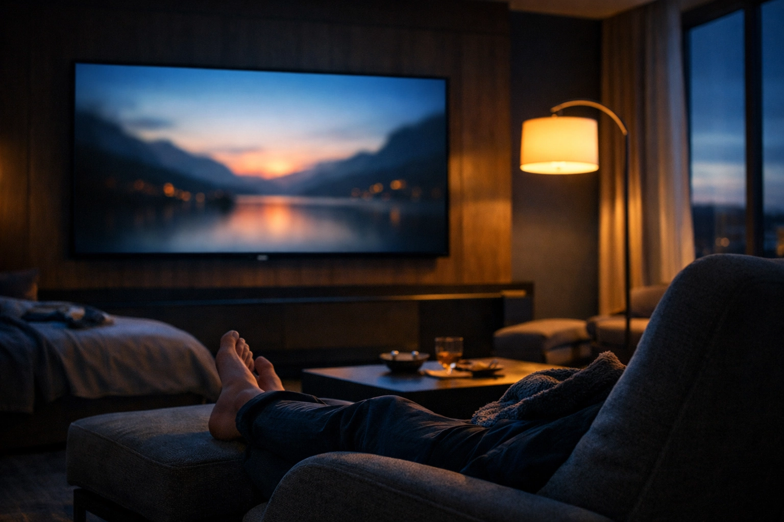 Guest relaxing in a modern hotel suite with high-end in-room entertainment and smart casting technology.