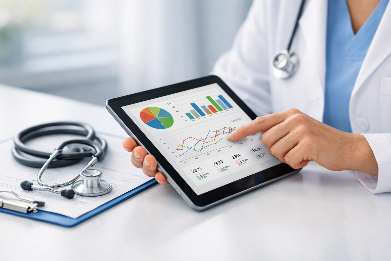 Healthcare provider reviewing diagnostic lab testing results and health data