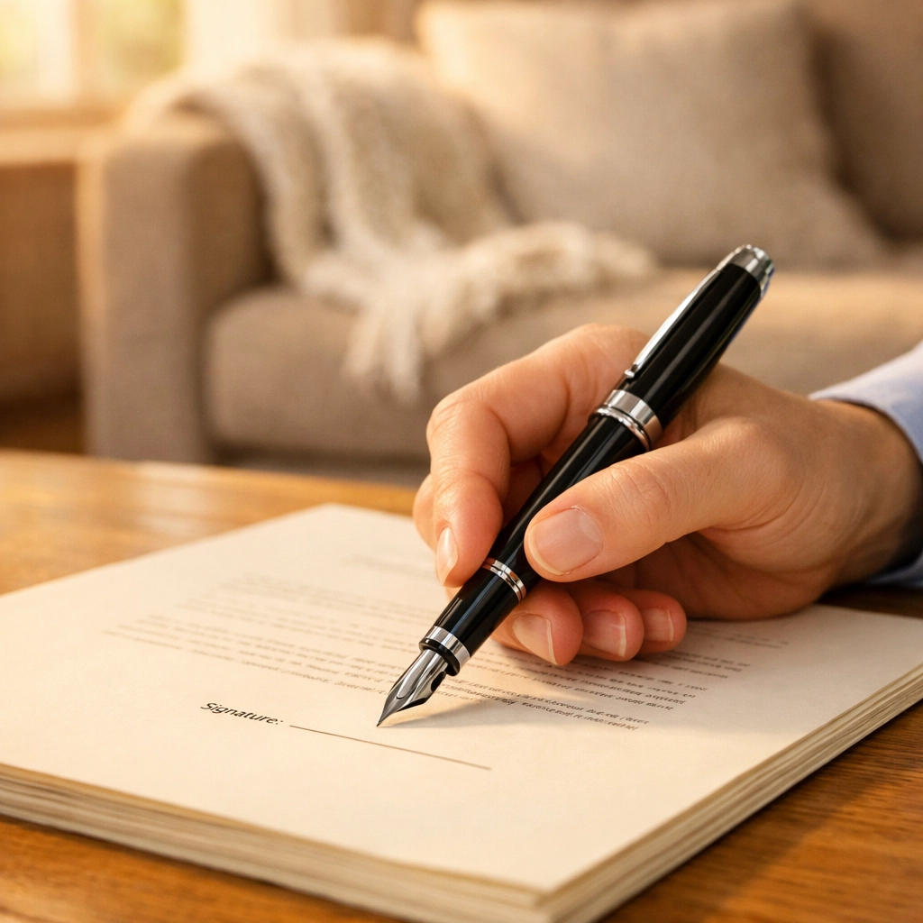 Hand signing documents on a home coffee table using a mobile notary near me for a stress-free experience.