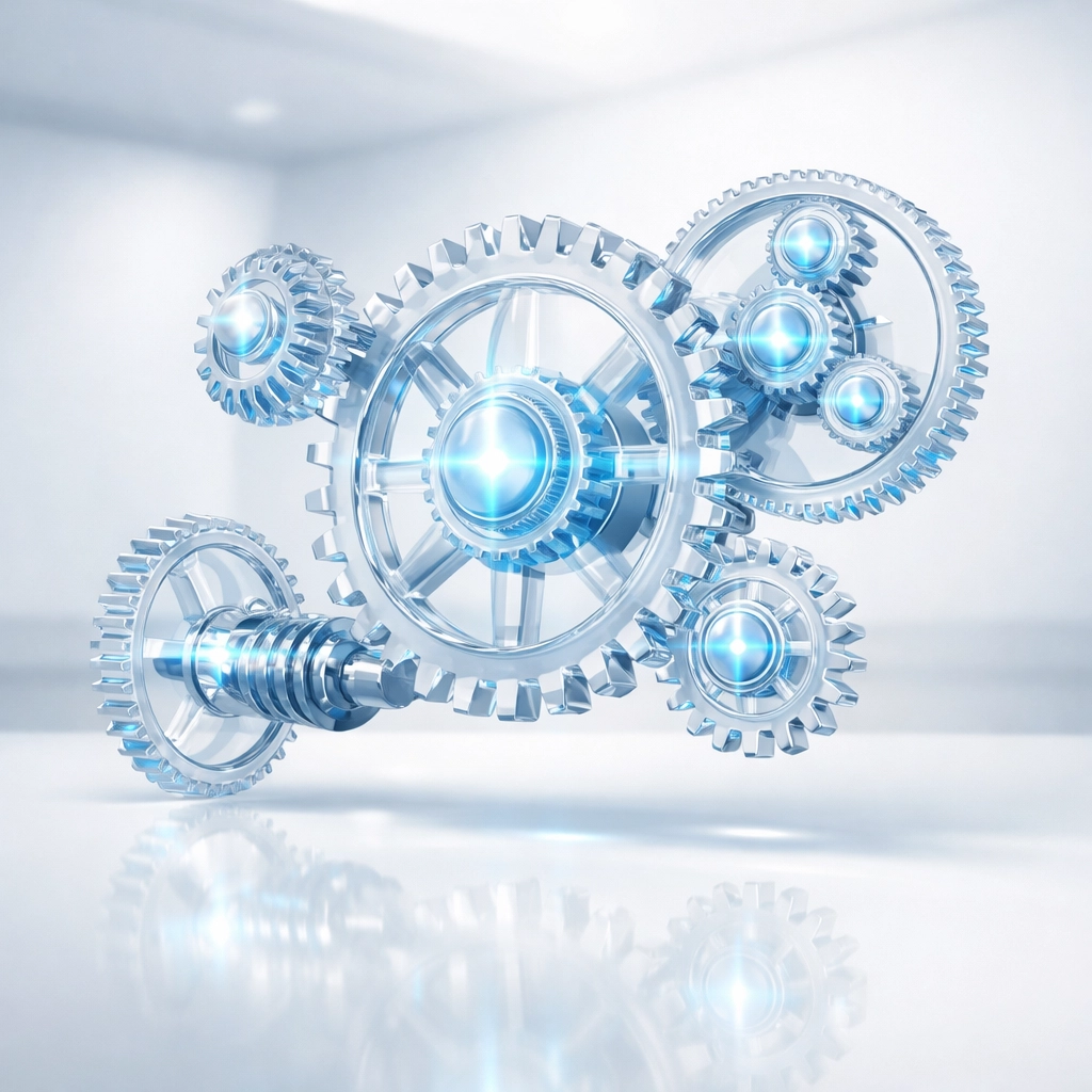 Abstract glowing gears representing a frictionless AI automation engine for business efficiency.