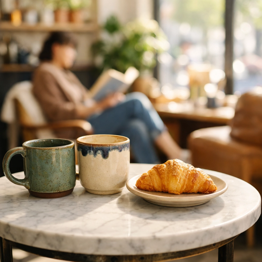 A sun-drenched corner of a thriving specialty coffee shop with artisan mugs and a fresh croissant on the table.