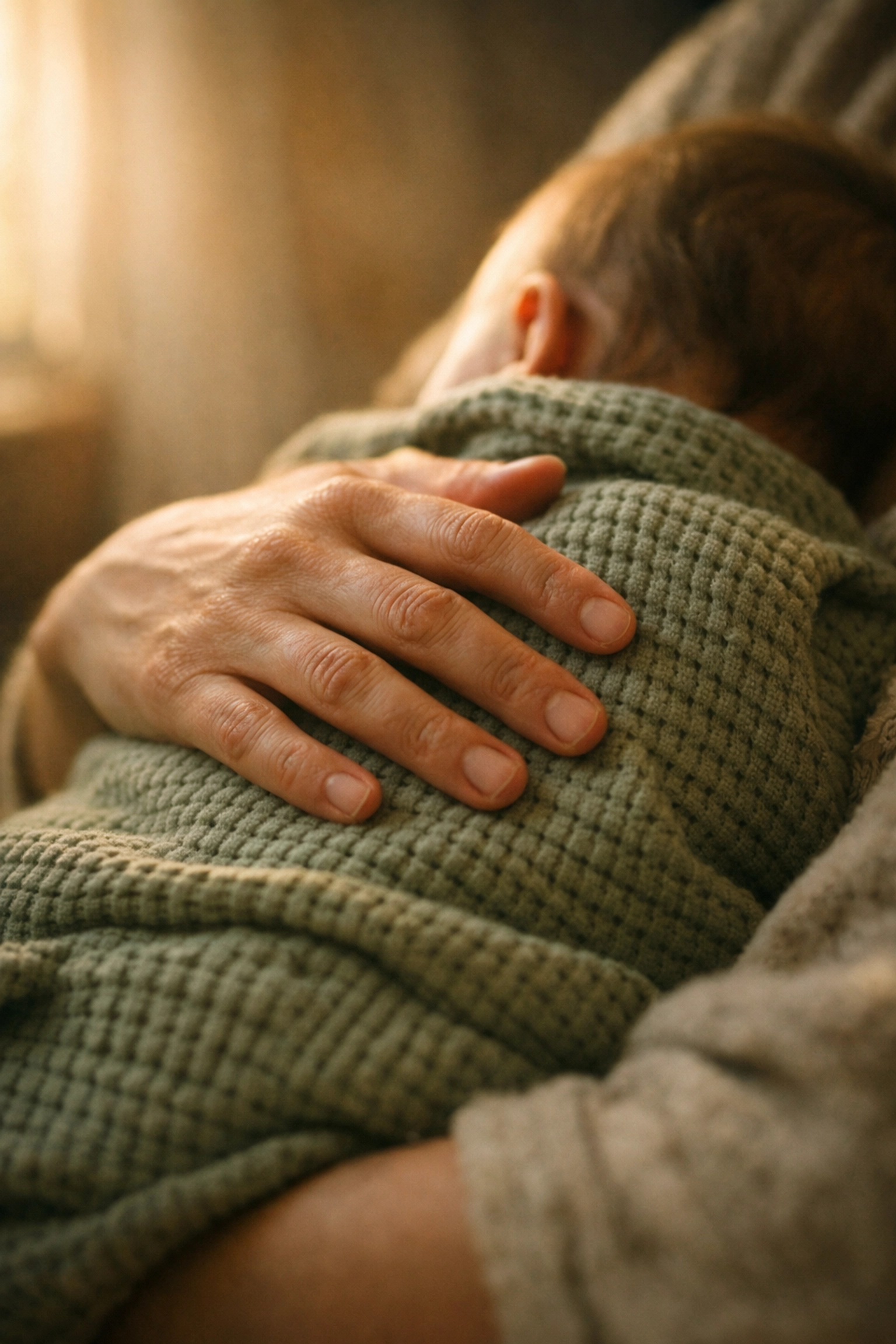 Close-up of a parent's hand gently resting on a baby's back, representing emotional presence and postpartum bonding.