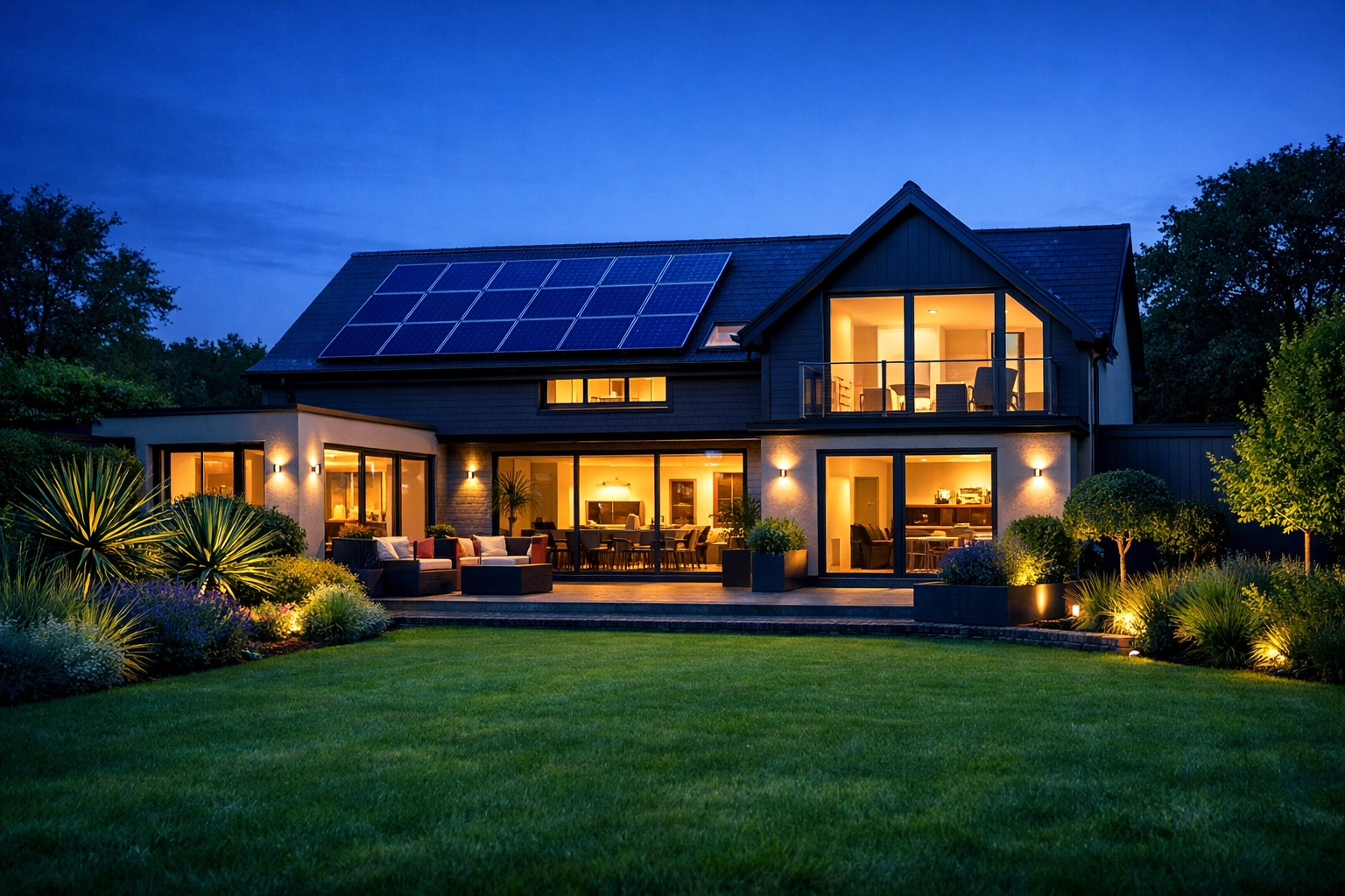 Modern home in Bournemouth with solar panels on a slate roof for energy independence.