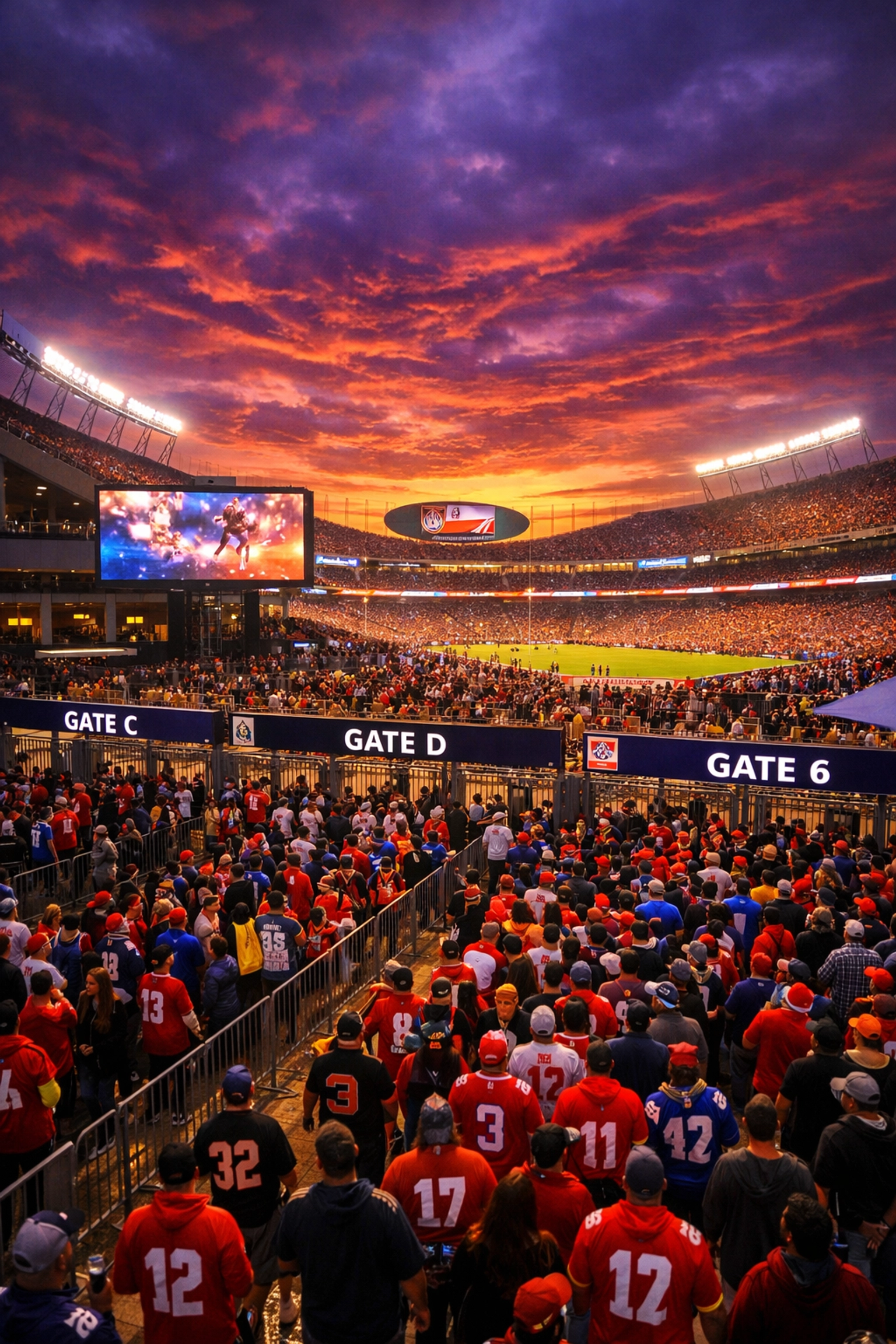 Fans arriving at Levi's Stadium for Super Bowl 2026 during sunset with team jerseys and excitement