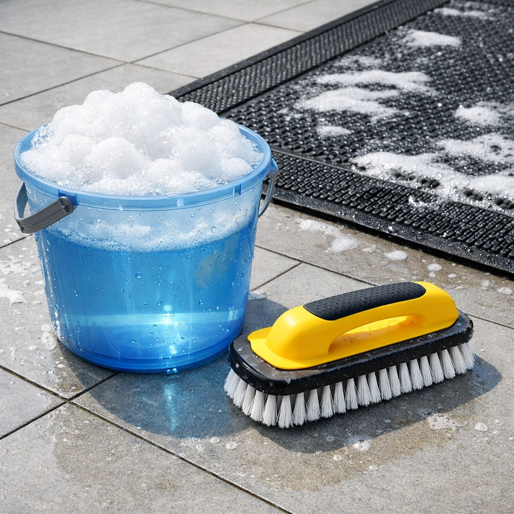 Blue cleaning bucket with soapy suds and a scrub brush ready to deep clean an outdoor mat.