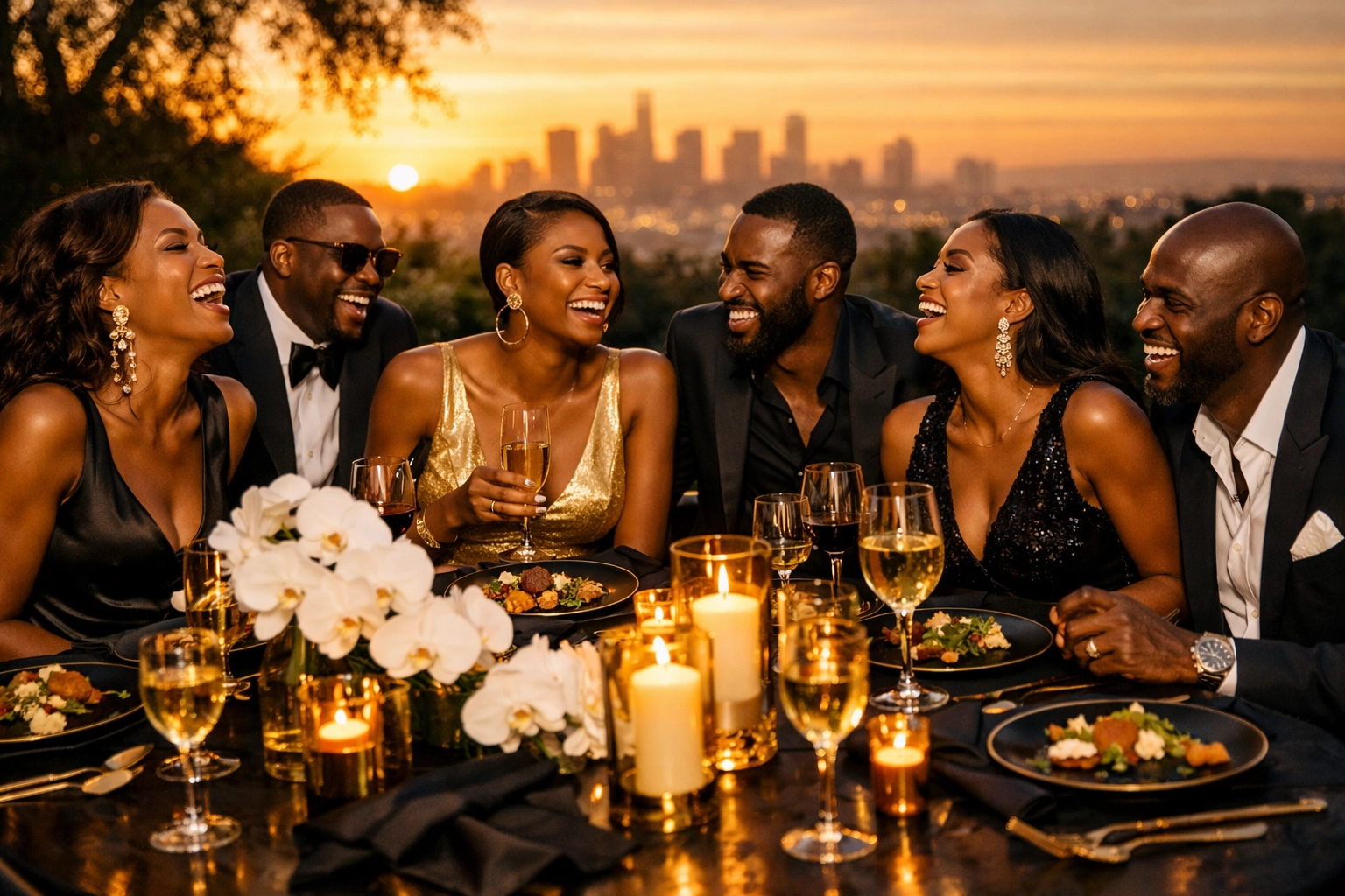 Successful Black community members enjoying a luxury outdoor dinner during golden hour.