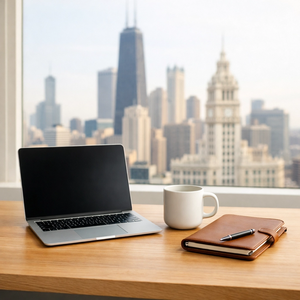 Organized Chicago property manager office desk with a laptop and city view representing tech-forward management.