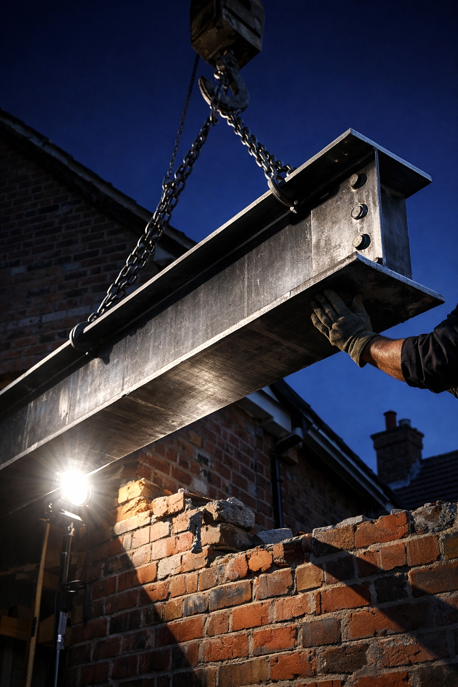 Installing a structural steel RSJ beam for an open-plan house renovation project.