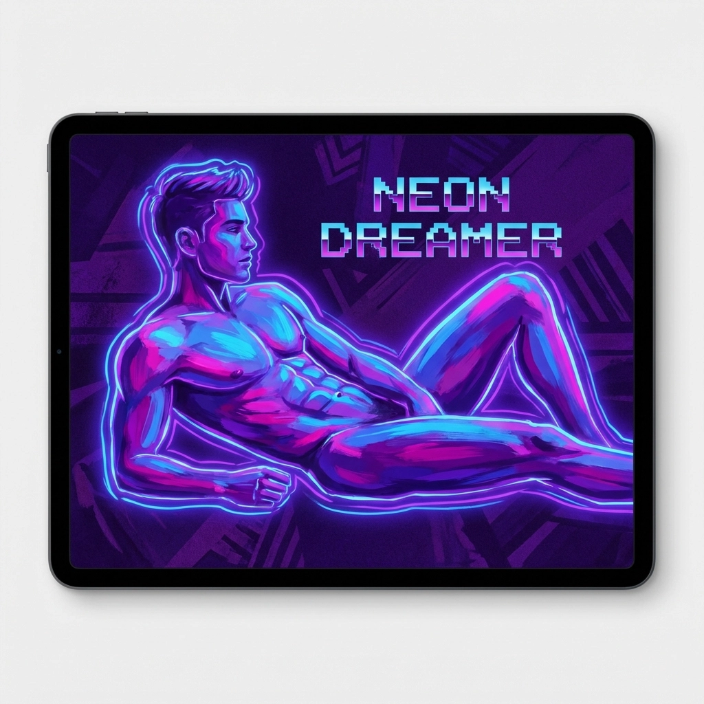 Vibrant neon digital painting of a male nude, representing modern queer art and aesthetics.