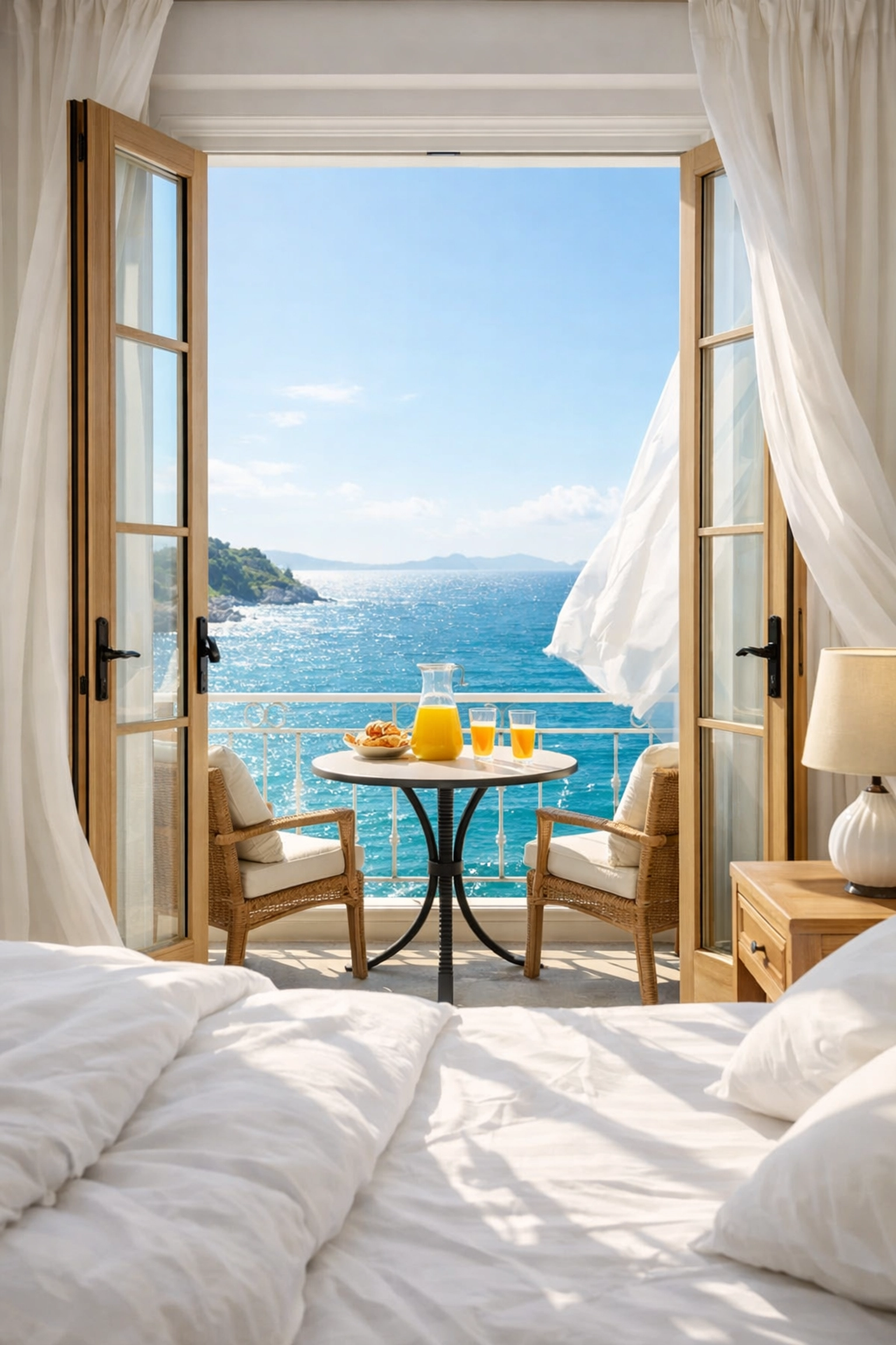 View from a luxury boutique hotel balcony overlooking the sparkling Mediterranean Sea in the morning sun.