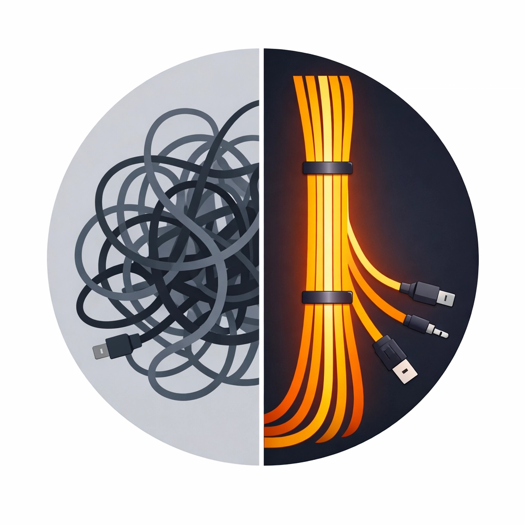 Before and after photo app illustration showing a transformation from messy to organized wiring.