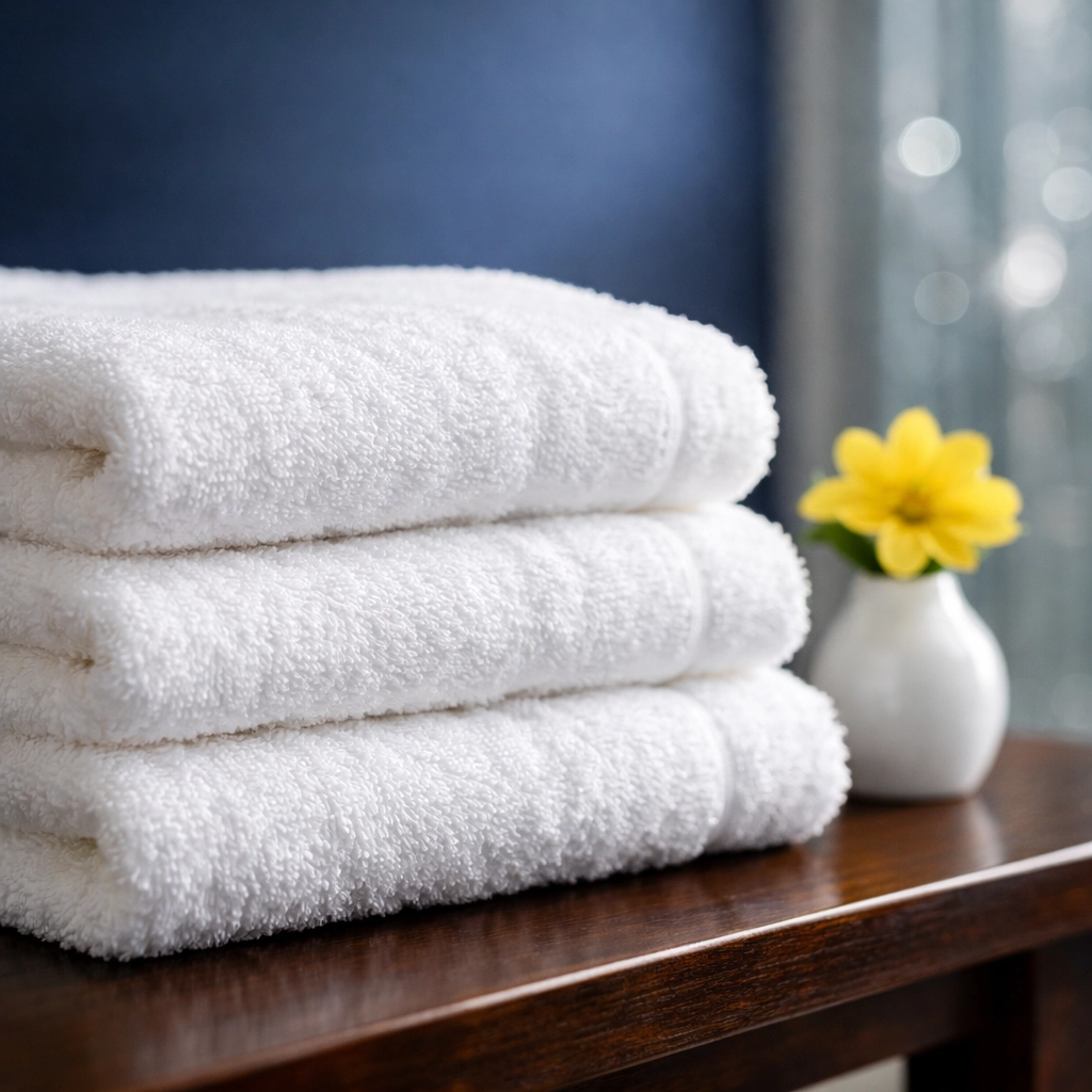 Fresh white towels and clean surfaces in a sanitized bathroom after professional home cleaning.