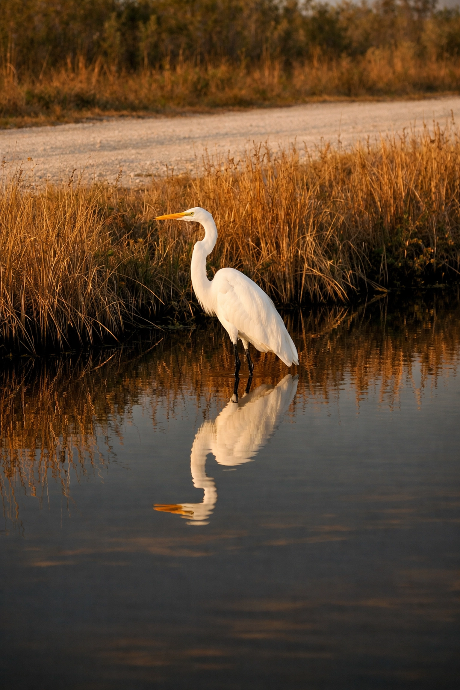 A Great Egret reflected in the water at Turner River Road in Big Cypress National Preserve.