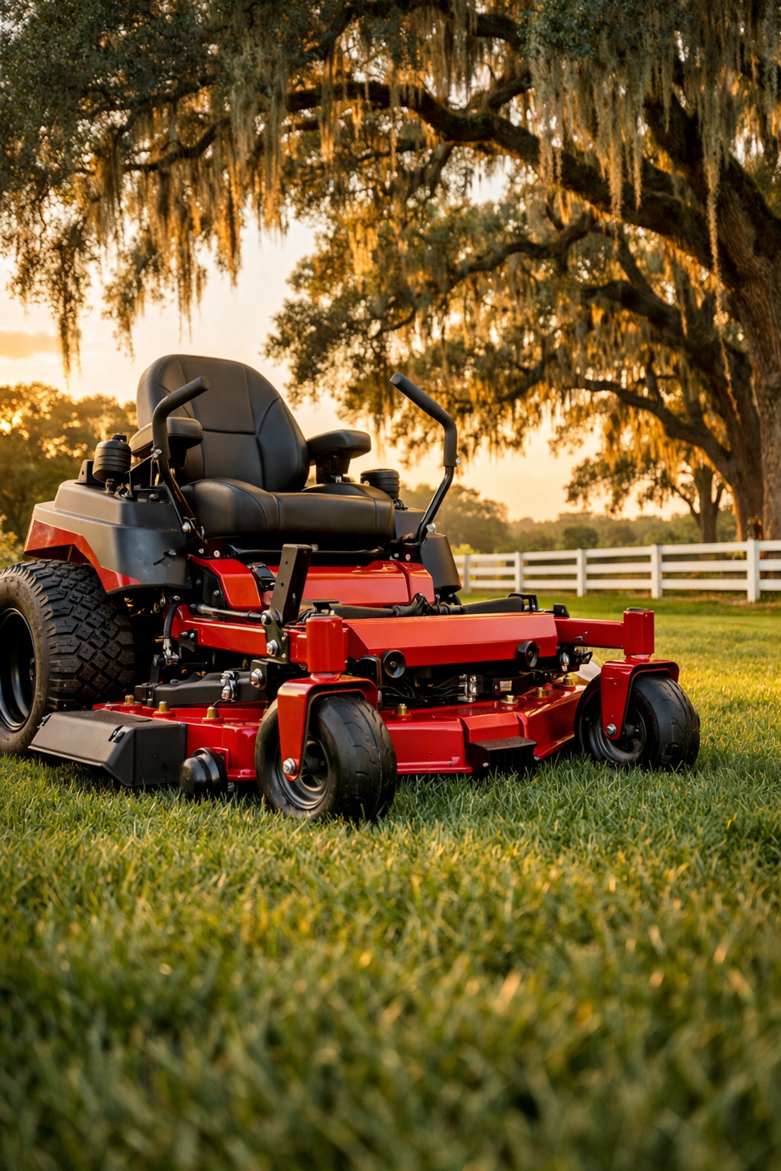 Red Gravely zero-turn mower parked on a lush lawn at a scenic Ocala Florida horse farm estate.