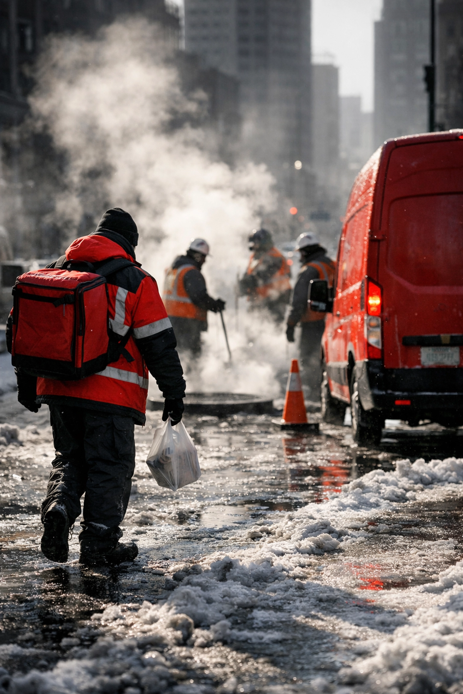 Delivery courier navigating slushy downtown Winnipeg streets during winter snow clearing.
