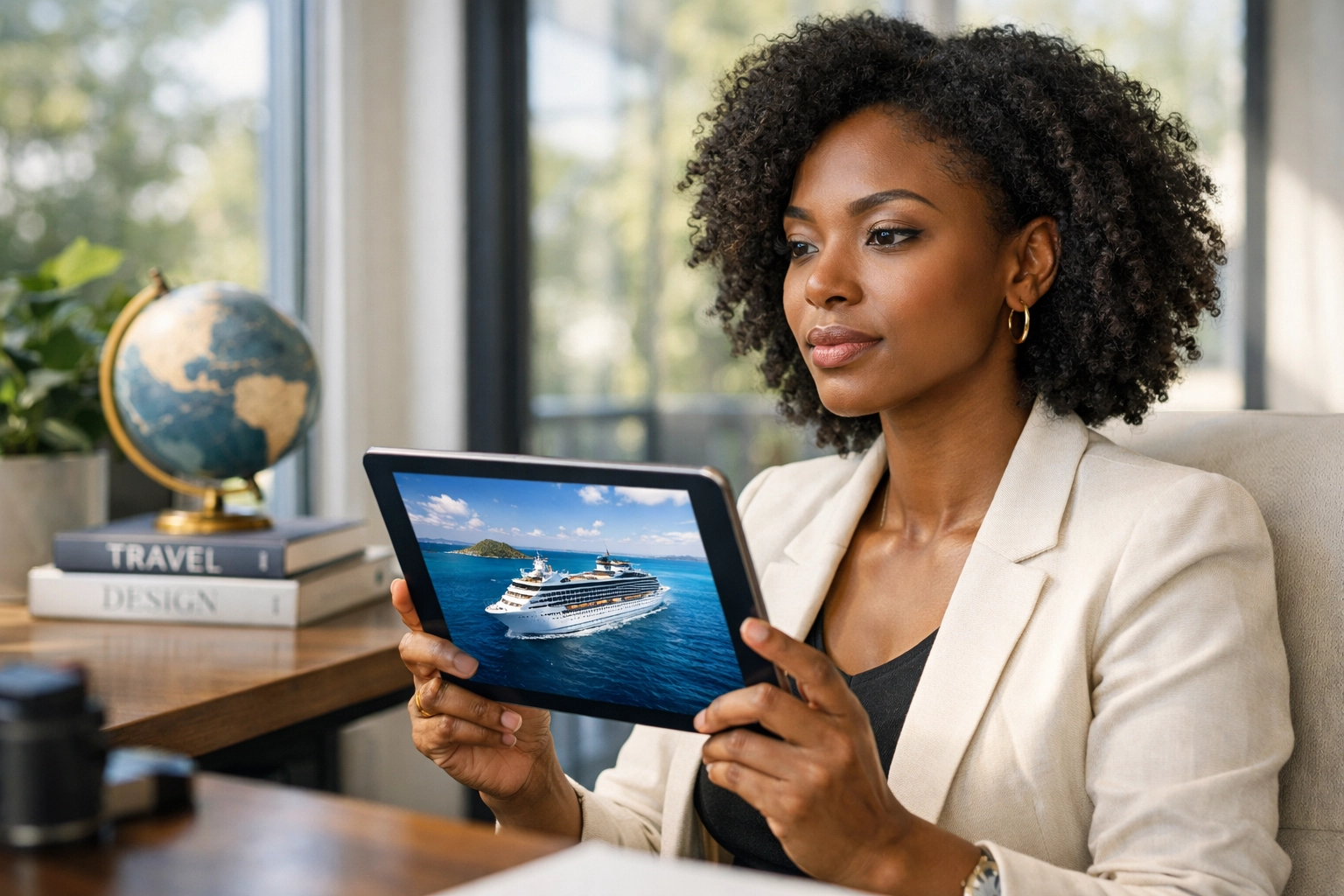 Travel agent researching luxury cruises for high commission bookings in a modern home office.