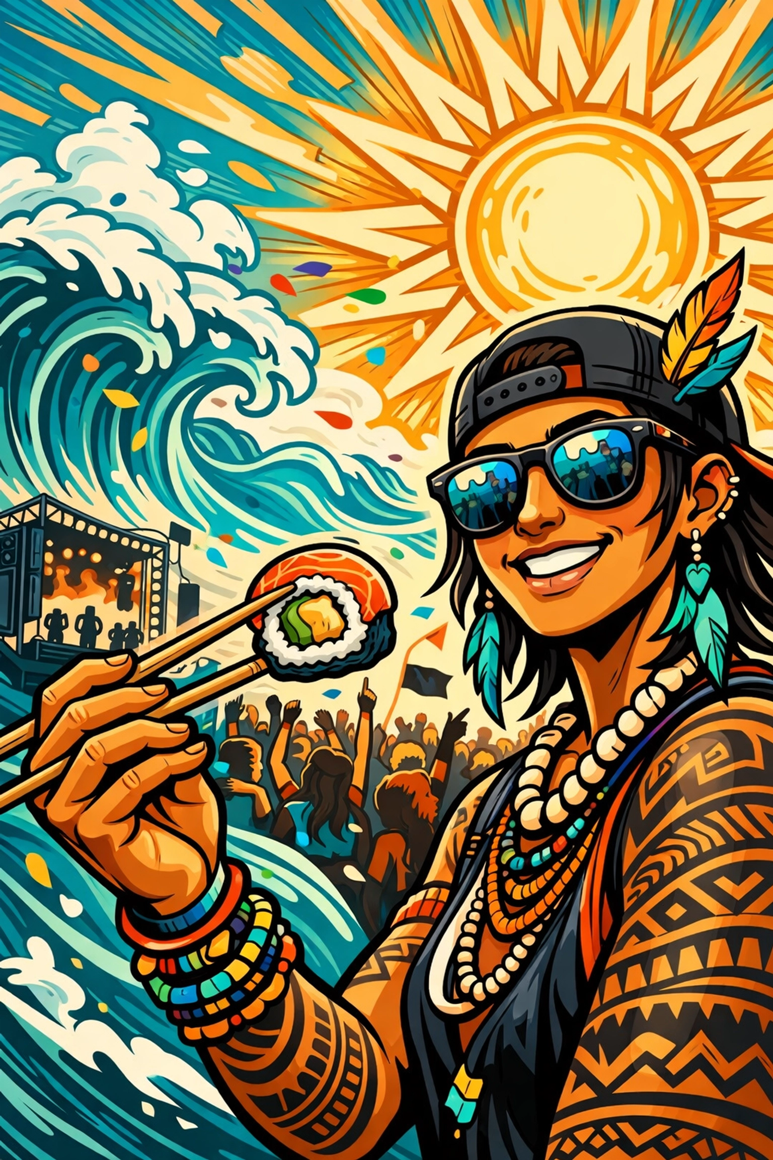 A person with Polynesian tattoos eating fresh vegan sushi with chopsticks at a vibrant music festival.