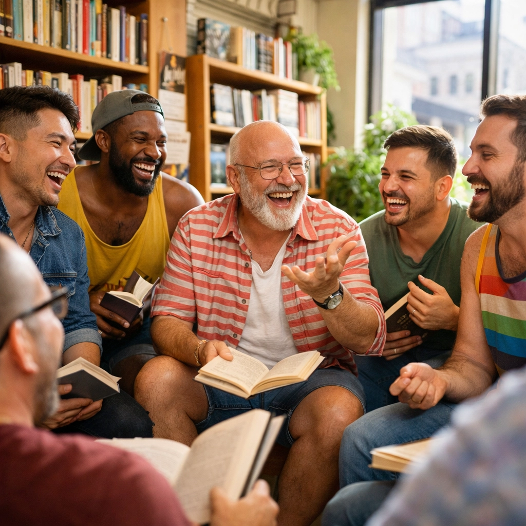 A diverse community of gay and bisexual men discussing their favorite books in a modern urban bookstore.