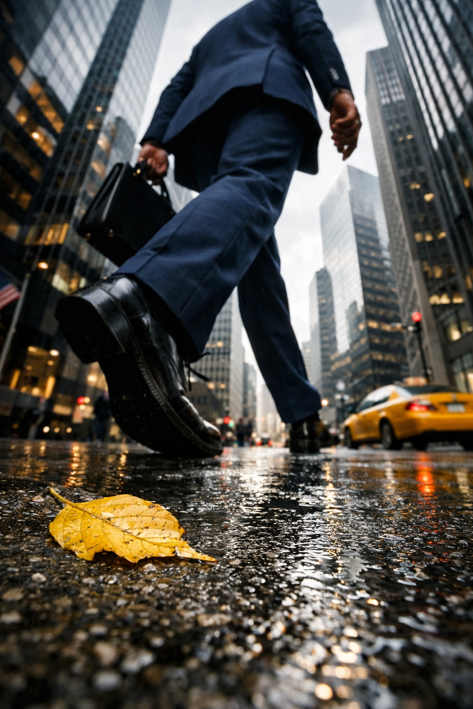 Creative street photography ideas using low-angle worm's eye perspective on a busy city street.