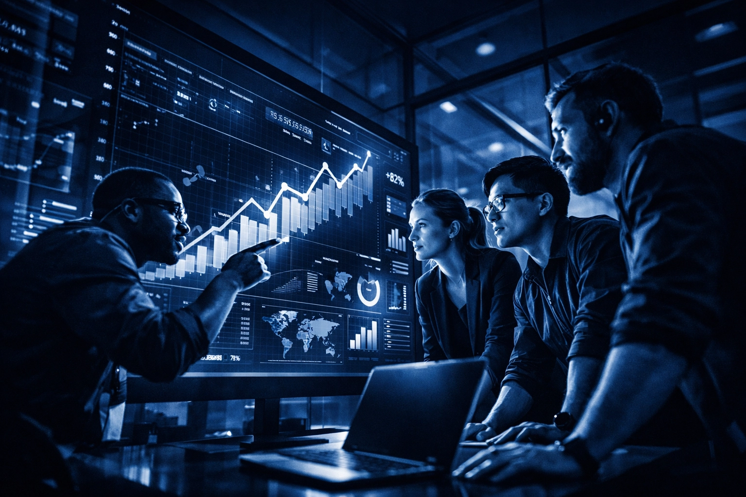 Professional team of managed IT experts collaborating in a high-tech boardroom for business growth.