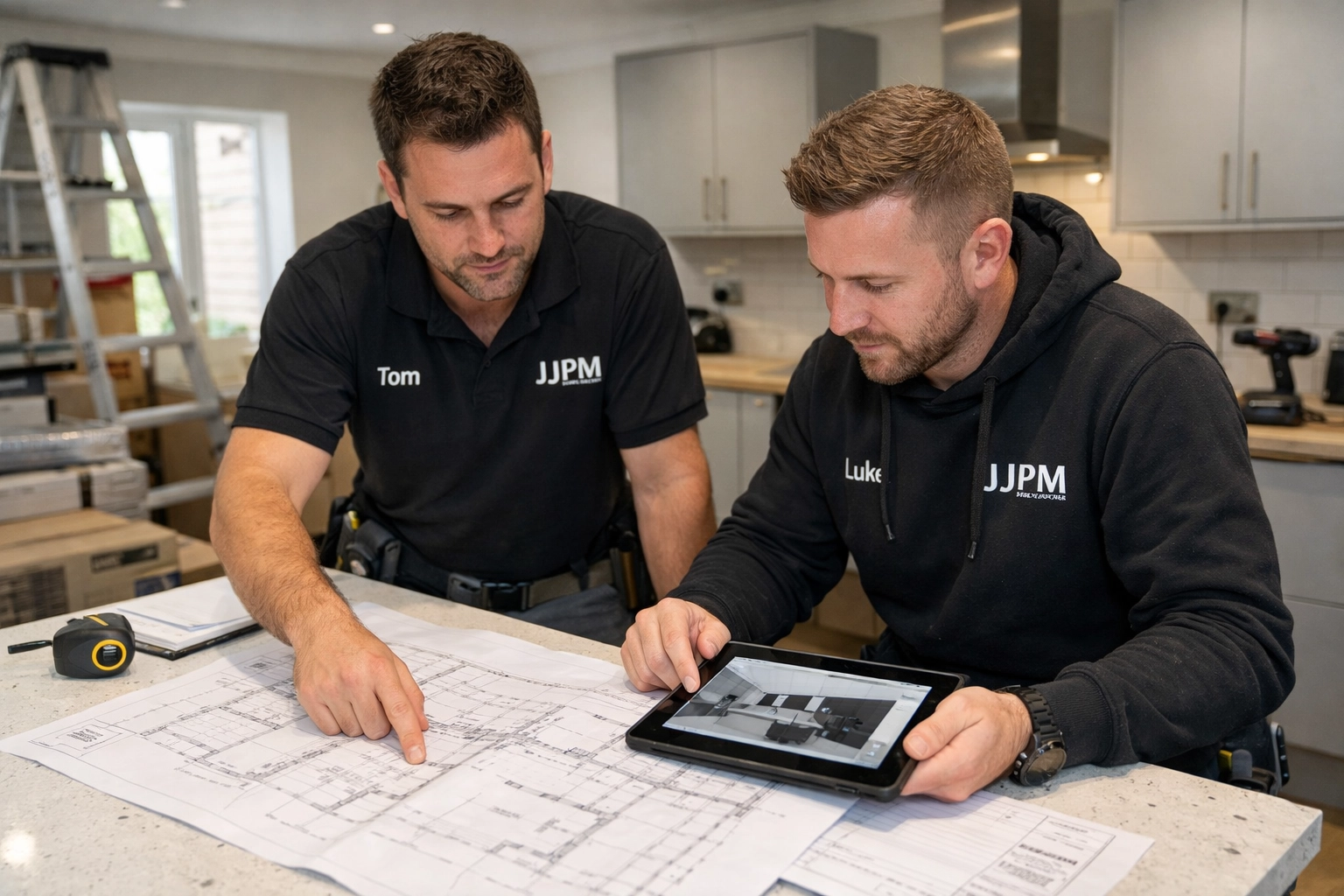 Professional kitchen fitters in Cardiff reviewing technical blueprints for a home renovation project.