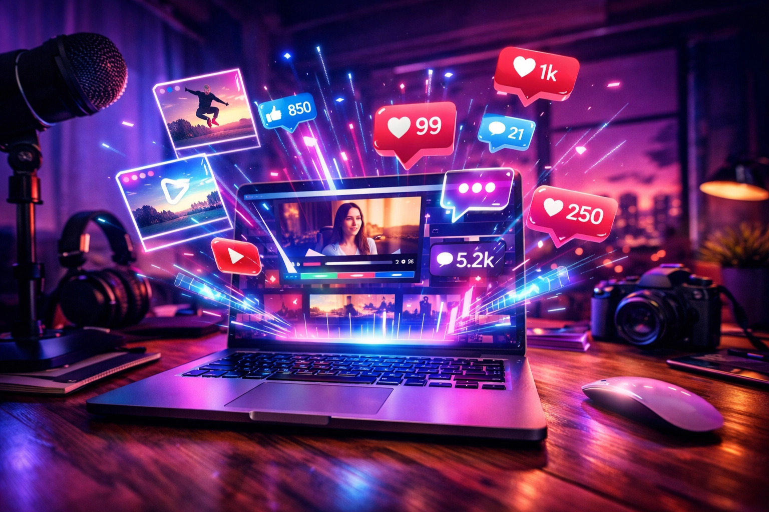 A modern creator's workspace showing digital icons and video frames for AI-driven social media content production.
