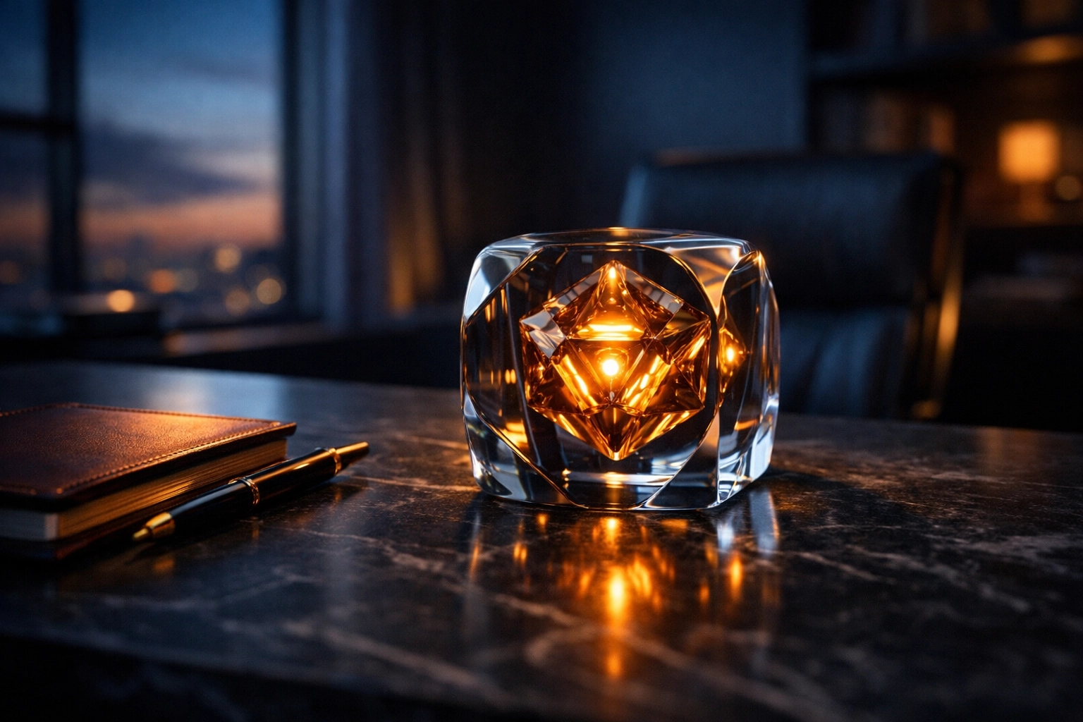 A glowing golden core on a dark executive desk symbolizing the internal strength needed for leadership coaching success.
