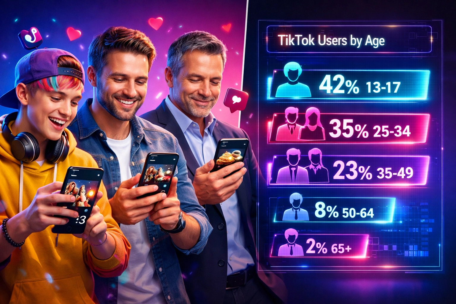 Utilisateurs TikTok multi-générationnels : Gen Z, Millennials et Gen X avec statistiques démographiques