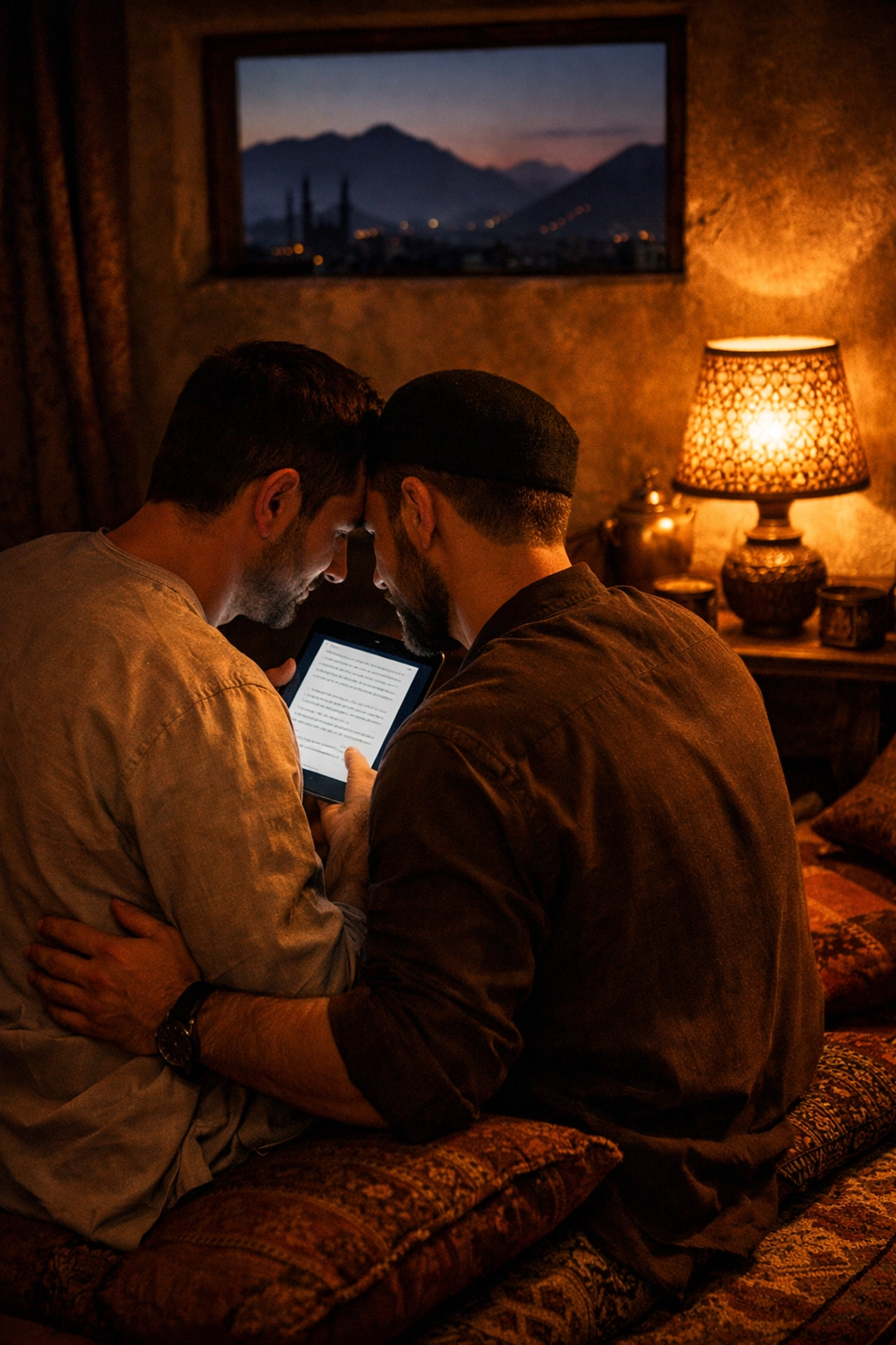Two gay men in Kabul reading a secret digital book together, illustrating queer resilience and shared connection.