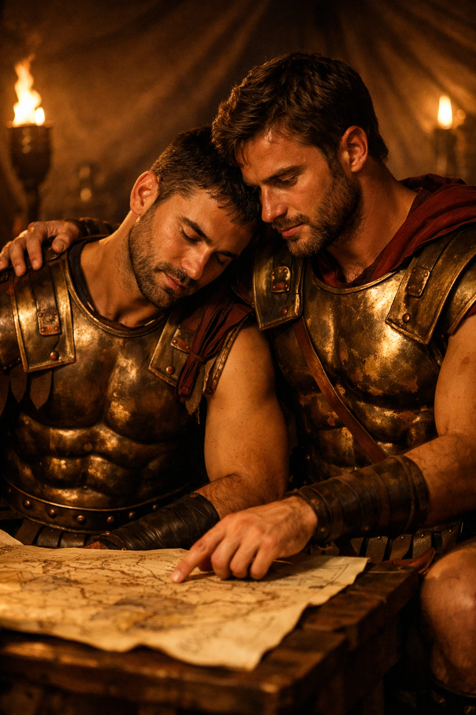 Two ancient Greek soldier lovers in a tent, a historical example of the forced proximity MM romance trope.