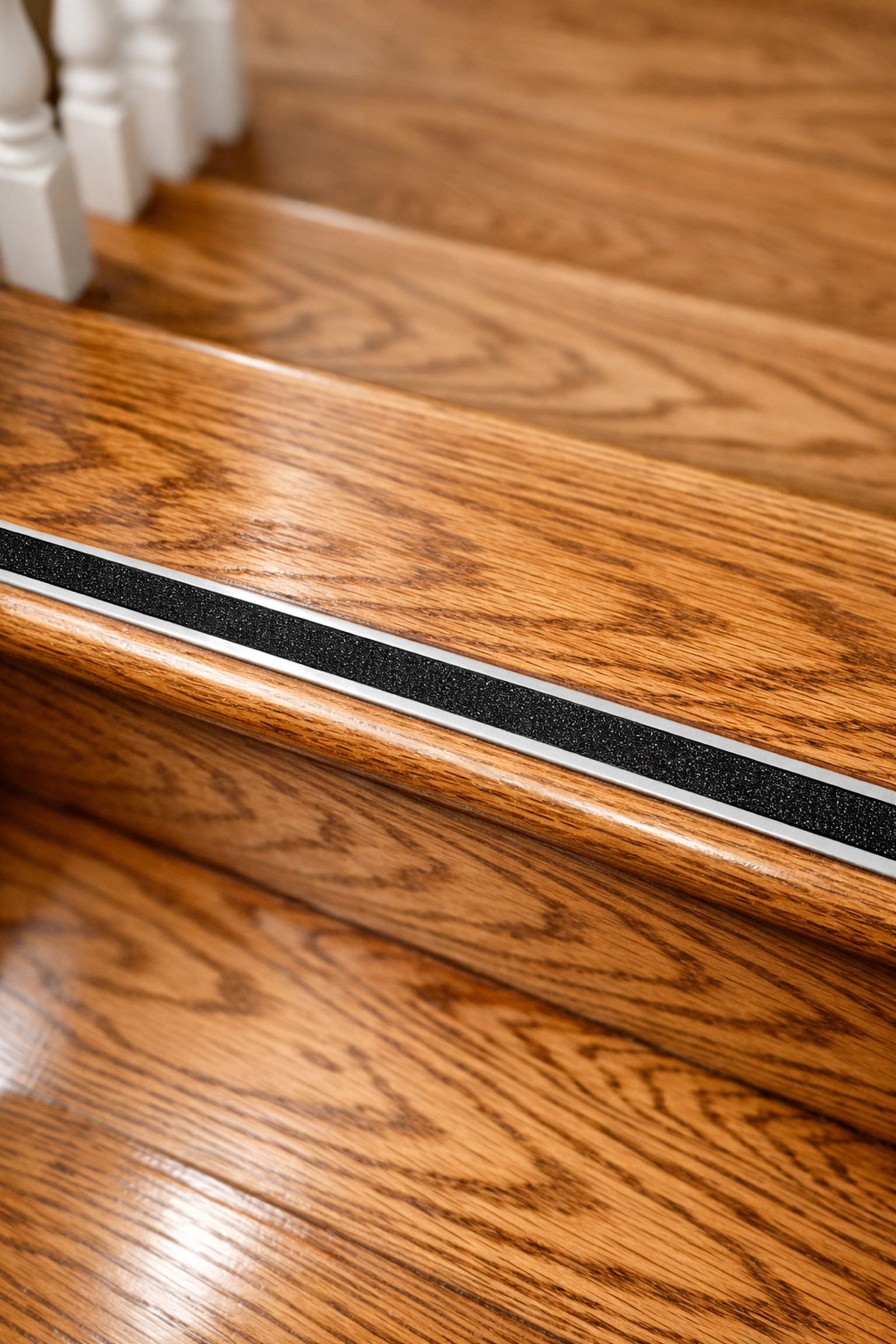 High-contrast safety strip installed on a hardwood stair edge to improve visibility and depth perception.