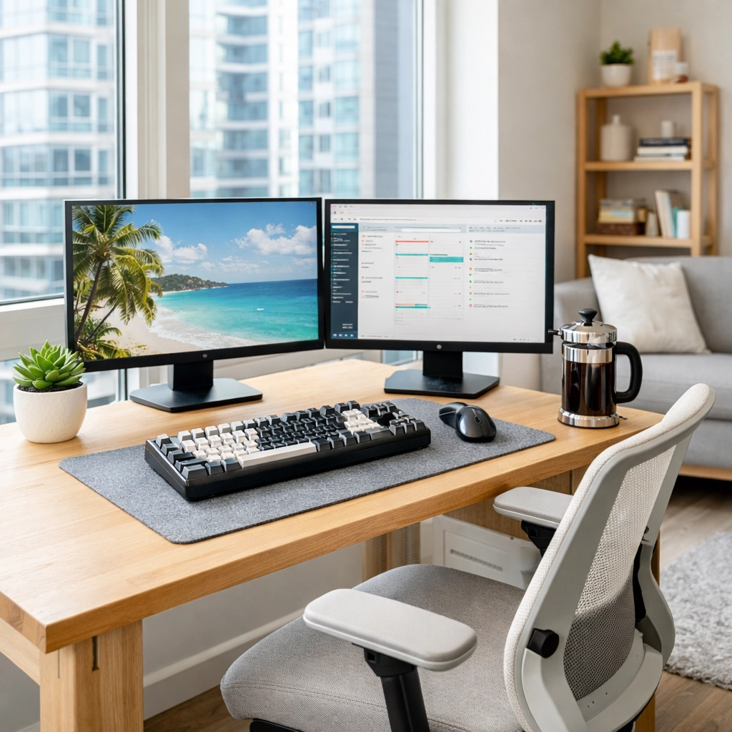 Ergonomic remote work setup in a Yaletown condo, perfect for high-yield Vancouver property management.