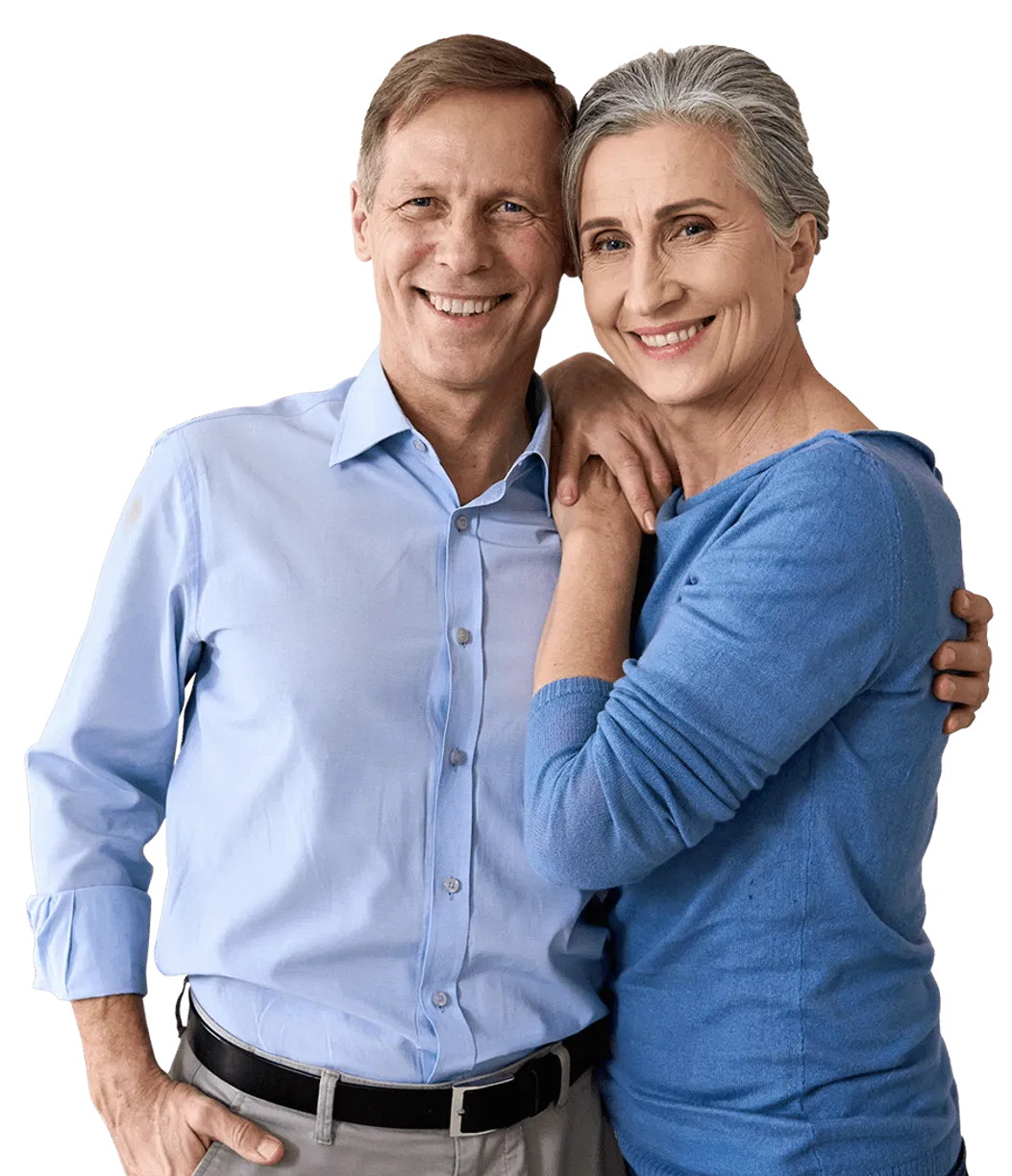 Smiling older couple business owners ready for retirement