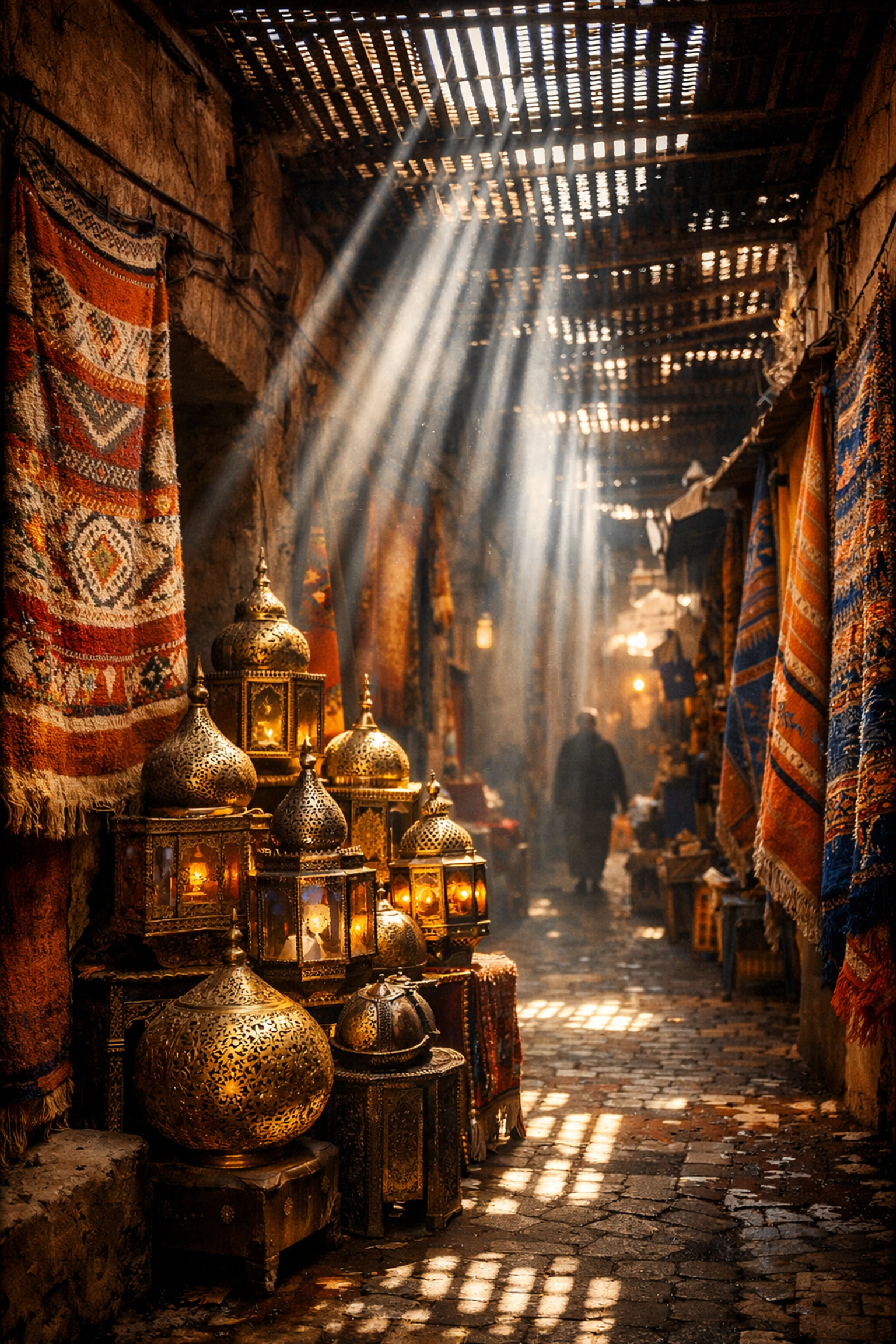 Sunlight rays piercing through a Marrakech market alleyway, one of the best photography locations in Morocco.