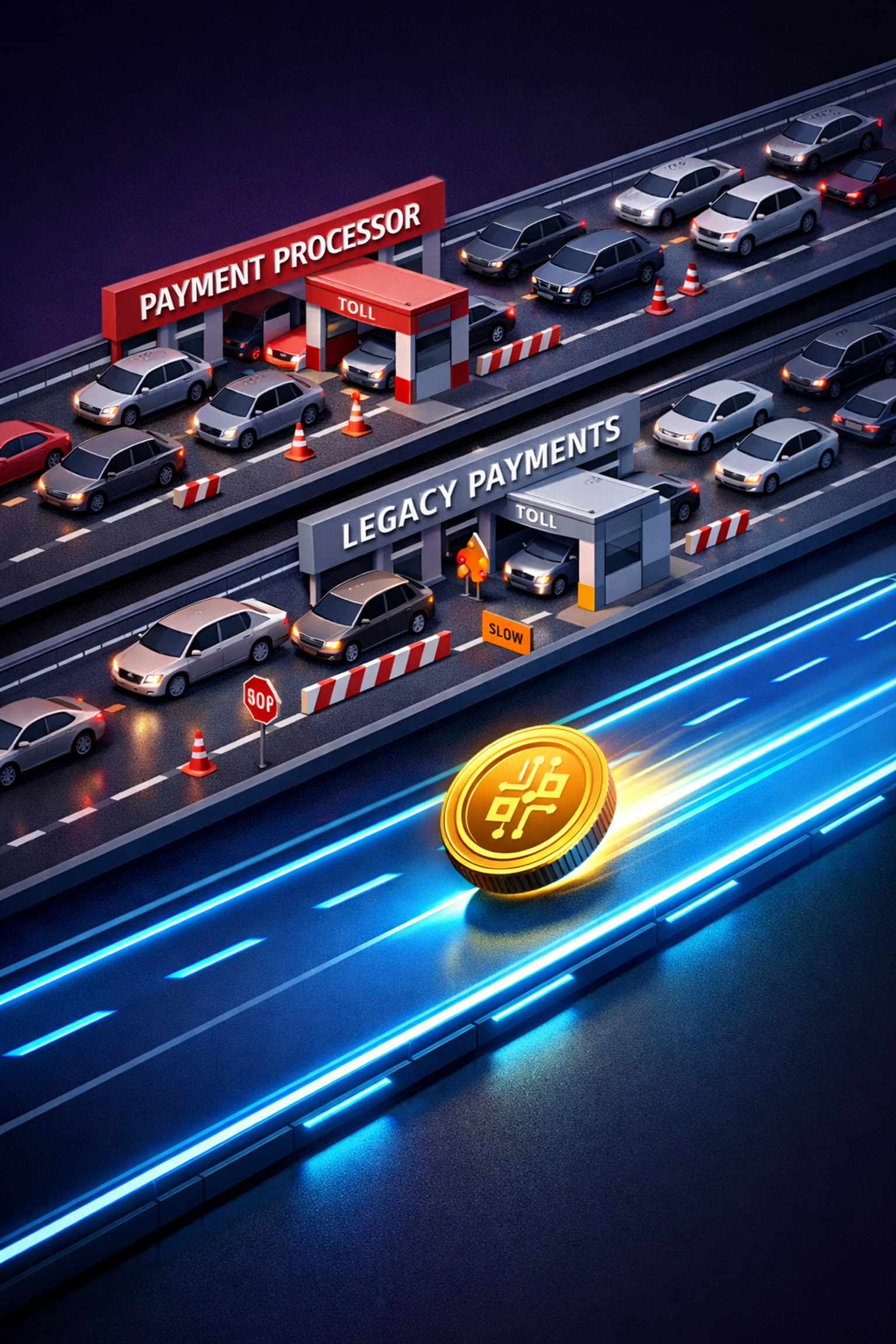 Comparison of congested traditional crypto payment processors versus fast receivables token settlement