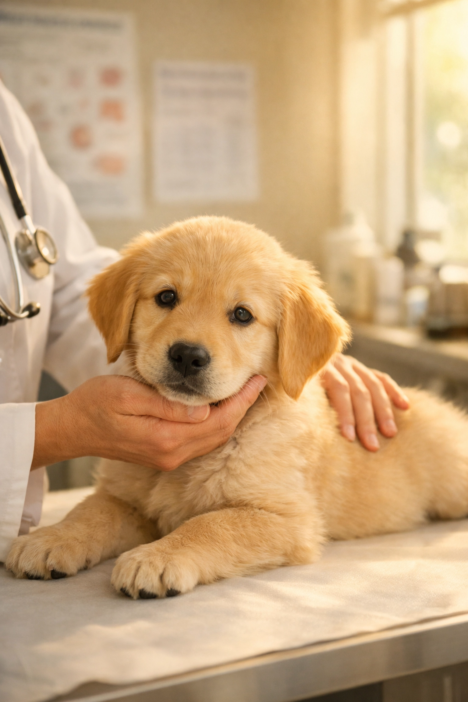 Veterinarian examining health tested Golden Retriever puppy during wellness checkup