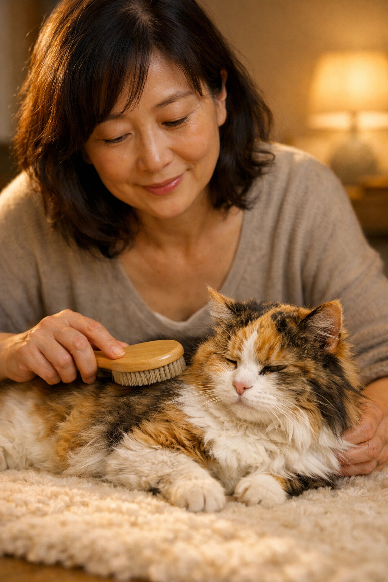 Specialized pet care professional gently grooming a senior calico cat in a peaceful home setting.