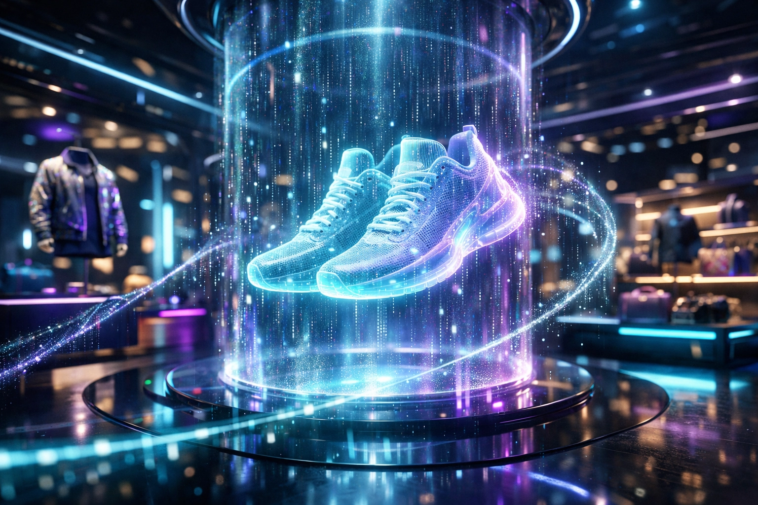 AI-powered metaverse shopping experience featuring holographic digital sneakers in a futuristic virtual boutique.