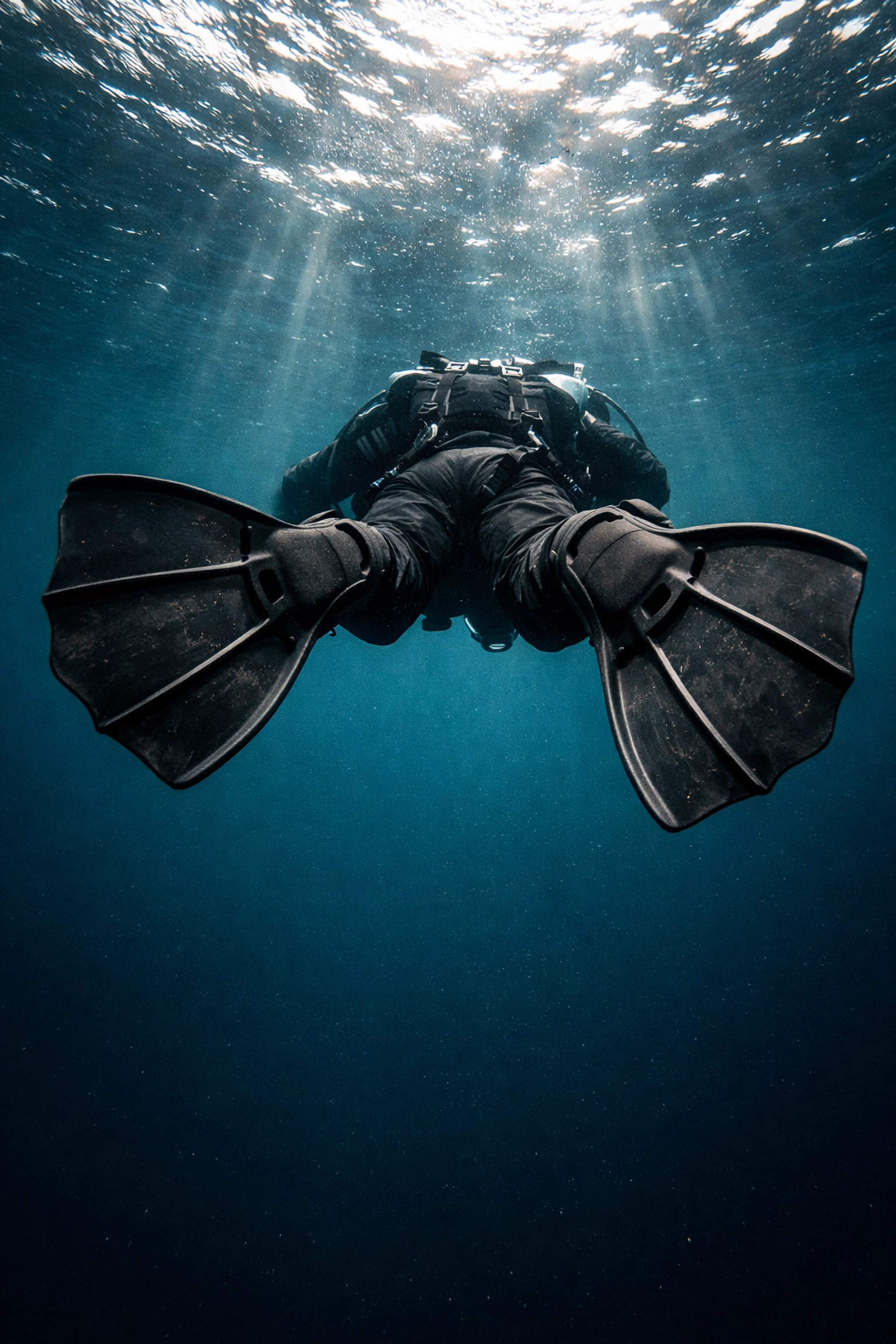 Technischer Taucher beim Frog Kick mit schwarzen Gummiflossen für präzise Steuerung.