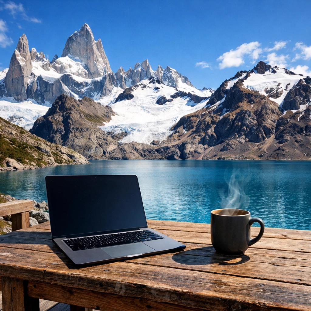 Outdoor desk with a mountain lake view representing the mental clarity and peace of a year-long sabbatical.