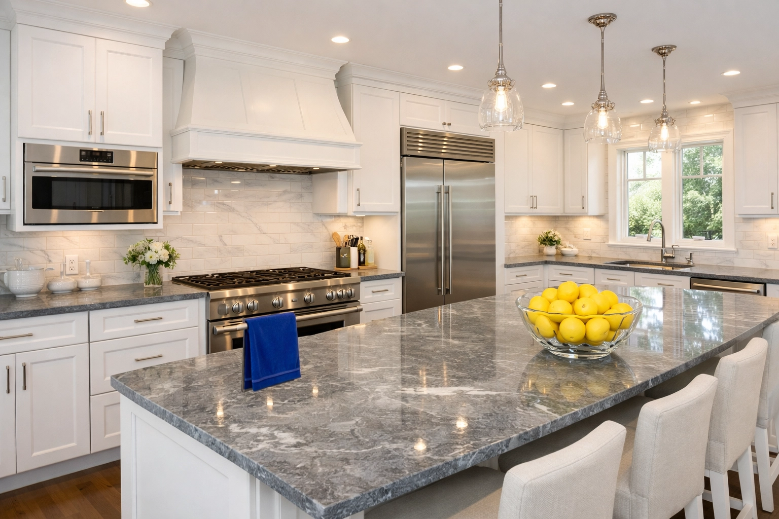 Pristine white kitchen with marble countertops after a professional Move-In Cleaning in Newton.