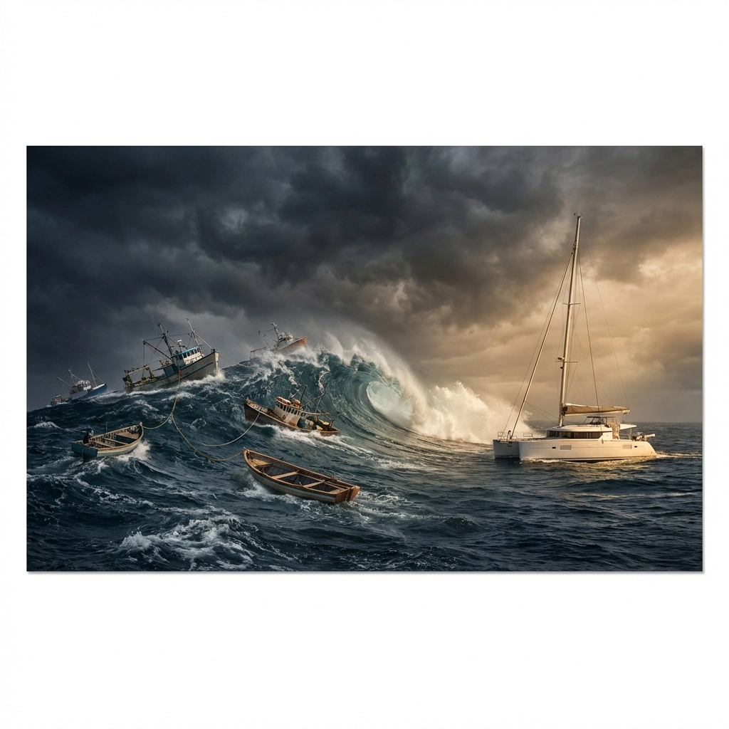 Multiple boats facing a large wave, showing how assets move together during market downturns and correlation risks