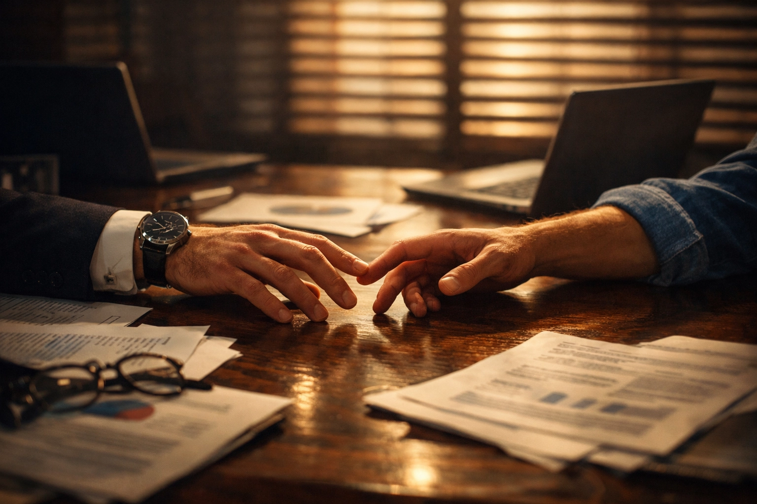 Hands of two gay politicians nearly touching across conference table showing unspoken romantic tension
