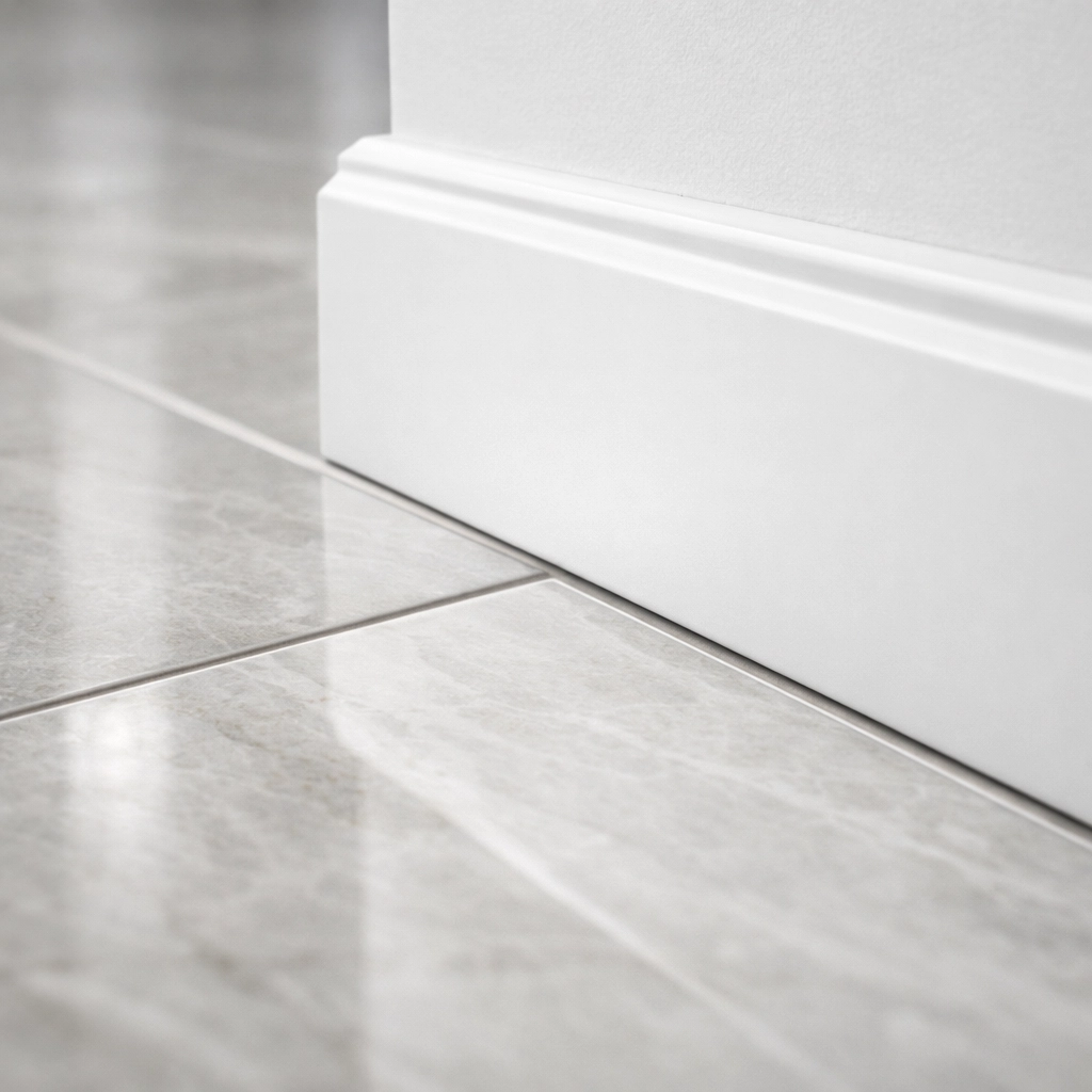 Professional tile installation in Orlando showing crisp lines on a polished porcelain floor.