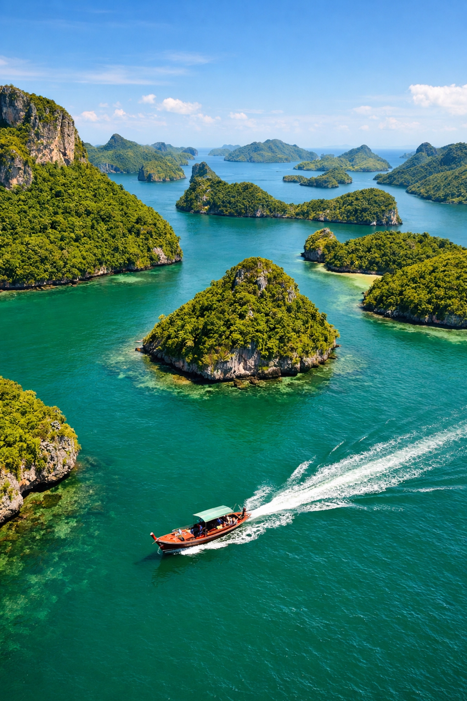 Aerial view of Ang Thong Marine Park limestone islands and emerald waters on a tailor made travel tour.