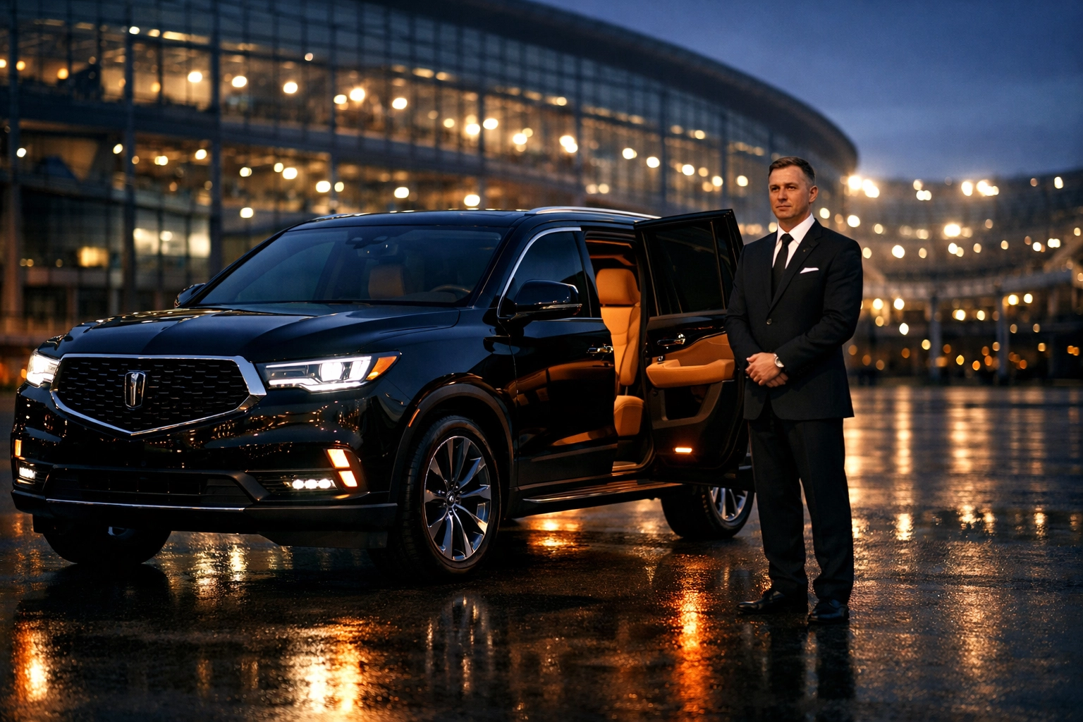 Chauffeur opening door of luxury SUV at a stadium entrance for VIP Super Bowl corporate travel.